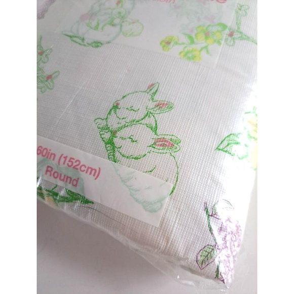 Round Easter Tablecloth NEW Vinyl Easy Clean White Bunny Flowers Spring 60" - Picture 2 of 4